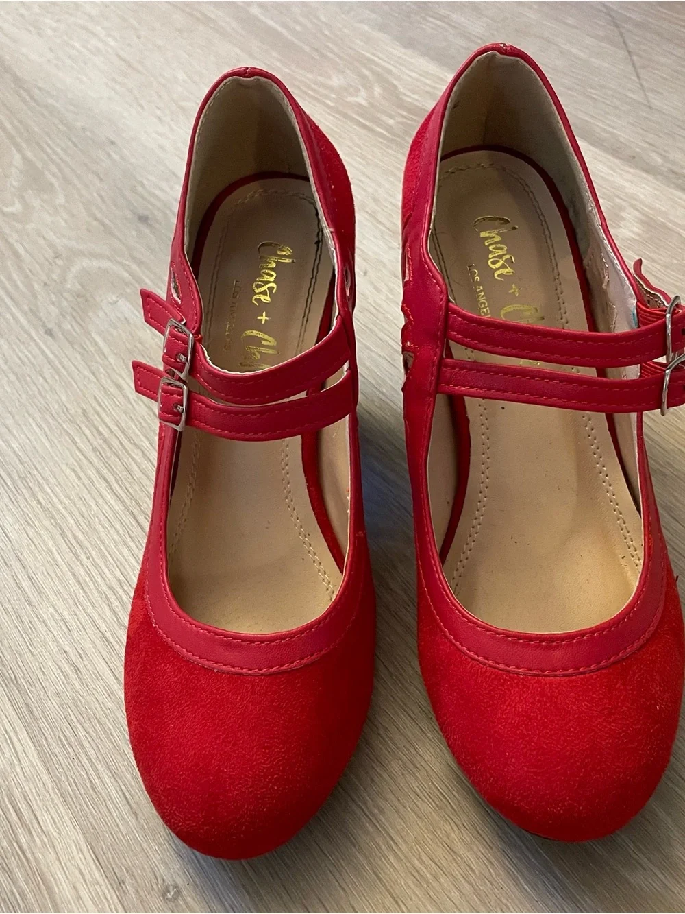 Chase + Chloe Red Mary Jane Suede Heels with Buckle Straps 6 36.5
